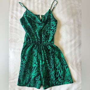 Tyche Green and Black Strapless Animal-Print Romper